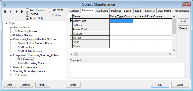 Object Maintenance - Elements tab