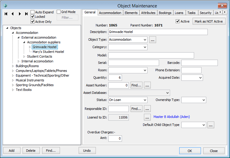 Object Maintenance - General tab (cut down)