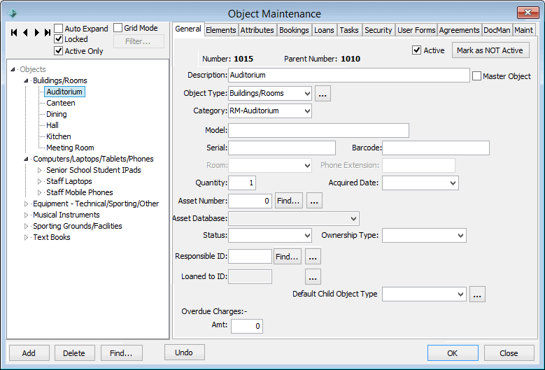 Object Maintenance - General tab