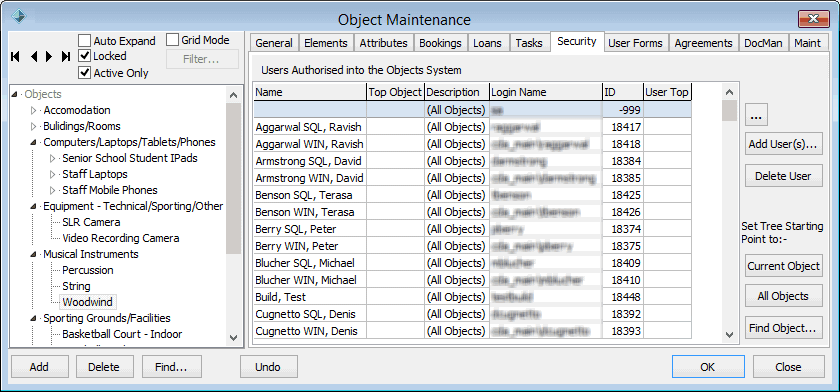 Object Maintenance - Security tab