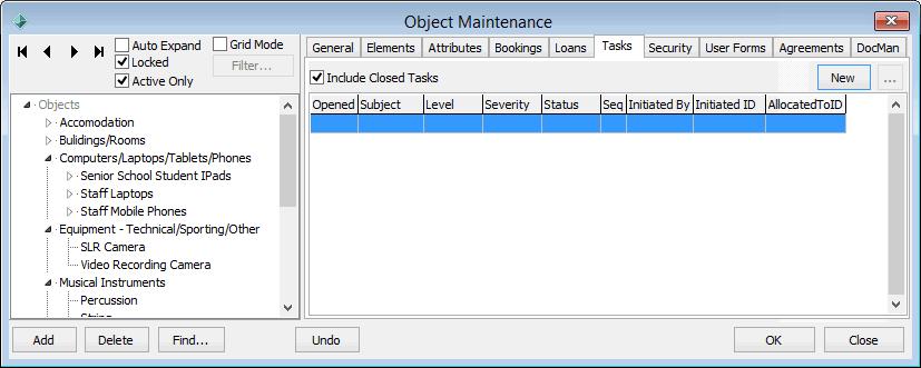 Object Maintenance - Tasks tab