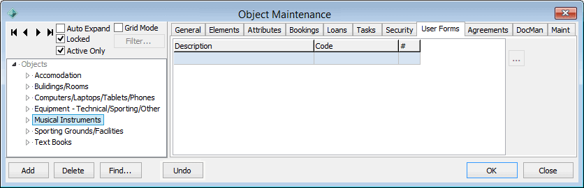 Object Maintenance - User Forms tab