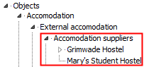 Object Search window (accommodation suppliers)