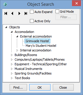 Object Search window