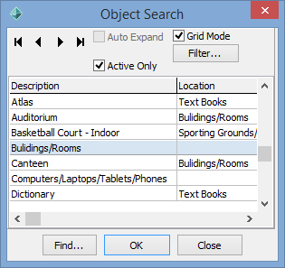 Object Search window (grid)