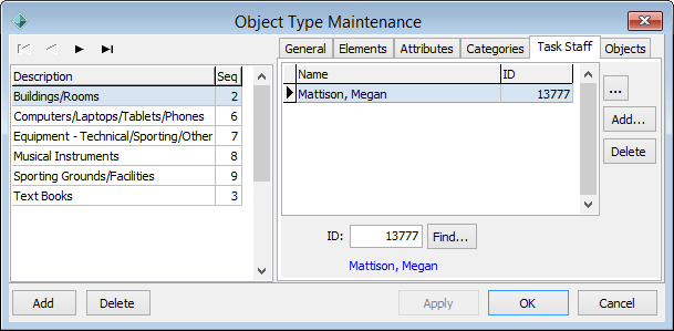 Object Type Maintenance - Task Staff tab