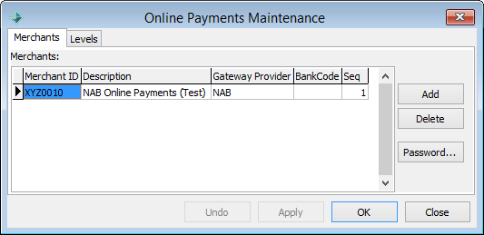Online Payment Maintenance - Merchants tab