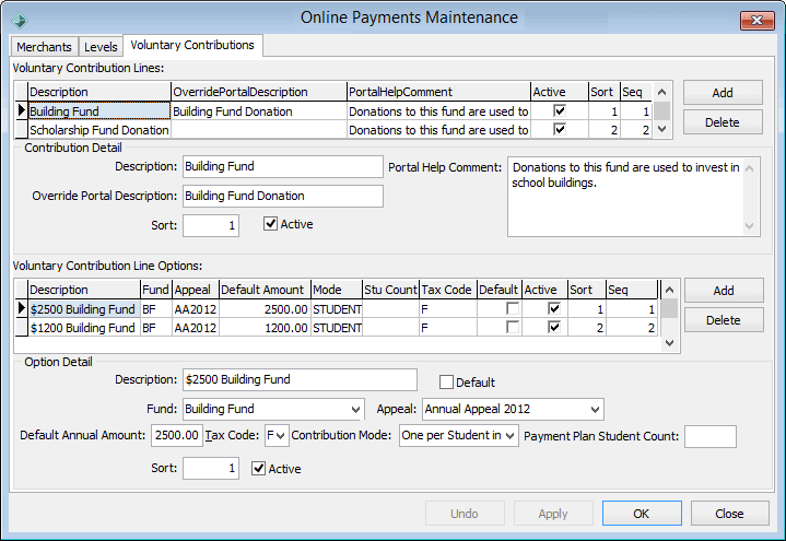 Online Payments Maintenance - Voluntary Contributions tab