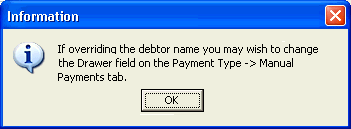 Override debtor name change drawer name warning