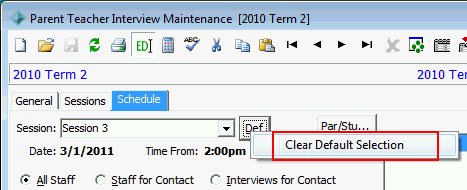 Parent Teacher Interview Maintenance - Schedule tab (Clear Default Selection cutdown)