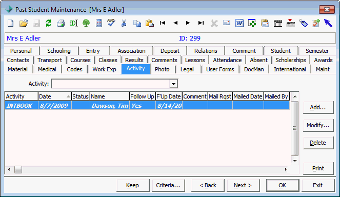 Past Student Maintenance - Activity tab