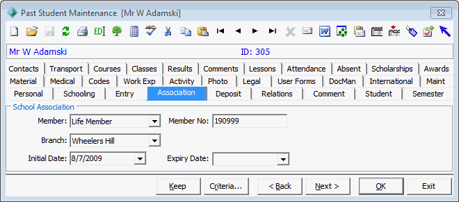 Past Student Maintenance - Association tab