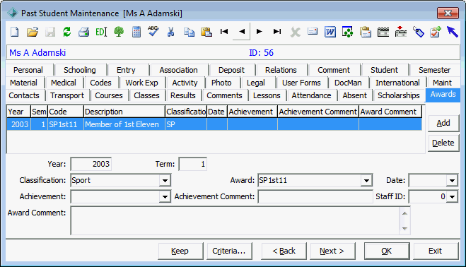Past Student Maintenance - Awards tab