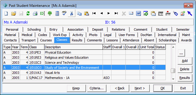Past Student Maintenance - Classes tab