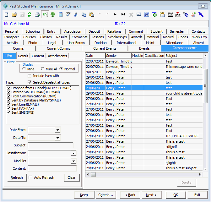 Past Student Maintenance - Correspondence tab