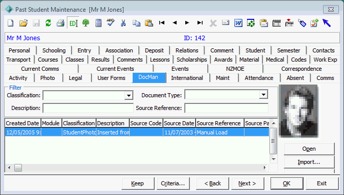 Past Student Maintenance - DocMan tab