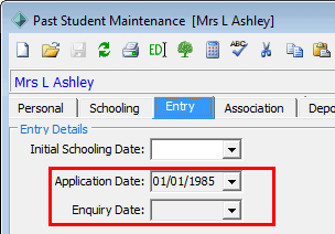 Past Student Maintenance - Entry tab (Application and Enquiry Dates for wn)
