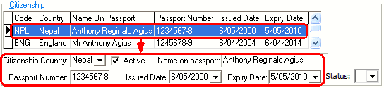 Past Student Maintenance - International tab (Citizenship area, grid area)