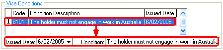 Past Student Maintenance - International tab (Visa Conditions area, grid area)