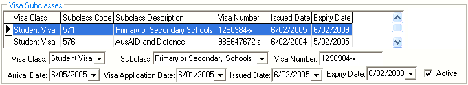 Past Student Maintenance - International tab (Visa Subclasses area)