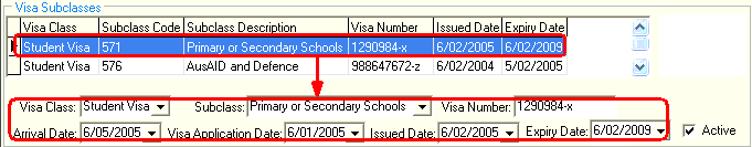 Past Student Maintenance - International tab (Visa Subclasses area, grid area)