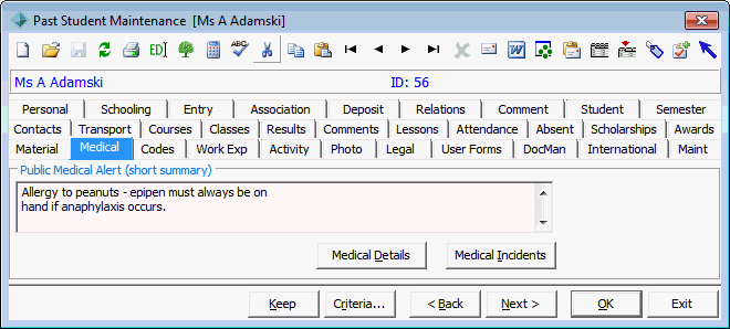 Past Student Maintenance - Medical tab