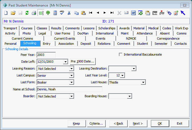 Past Student Maintenance - Schooling tab