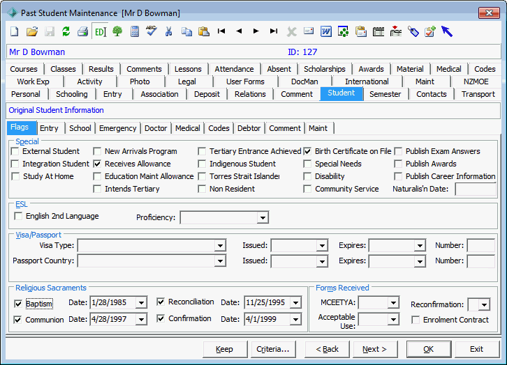 Past Student Maintenance - Student tab - Flags sub-tab
