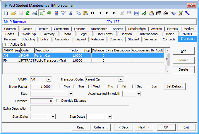 Past Student Maintenance - Transport tab