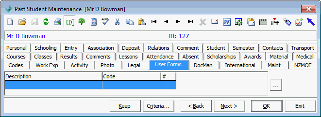 Past Student Maintenance - User Forms tab