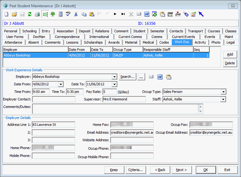 Past Student Maintenance - Work Exp tab