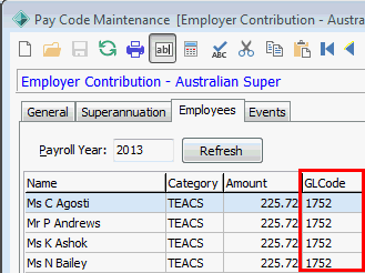 Pay Code Maintenance - Employees tab (cut down, GL code highlighted)