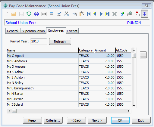 Payroll Code Maintenance - Employees tab