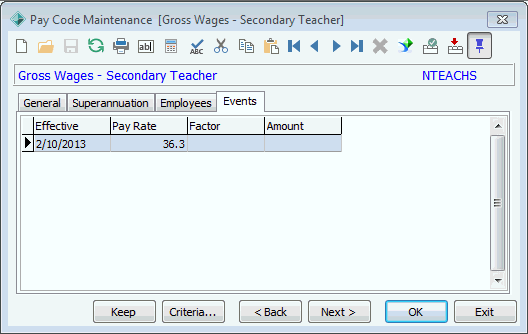 Payroll Code Maintenance - Events tab