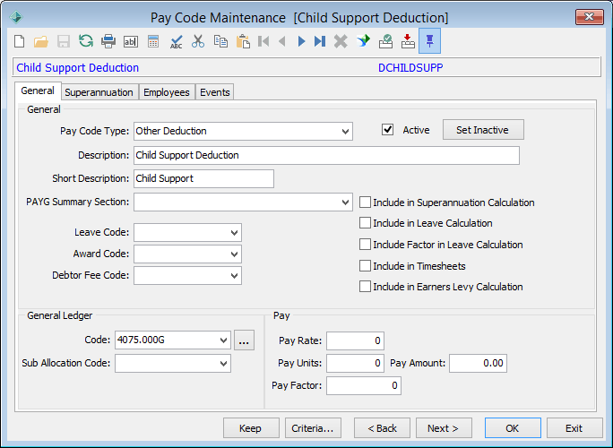 Payroll Code Maintenance - General tab