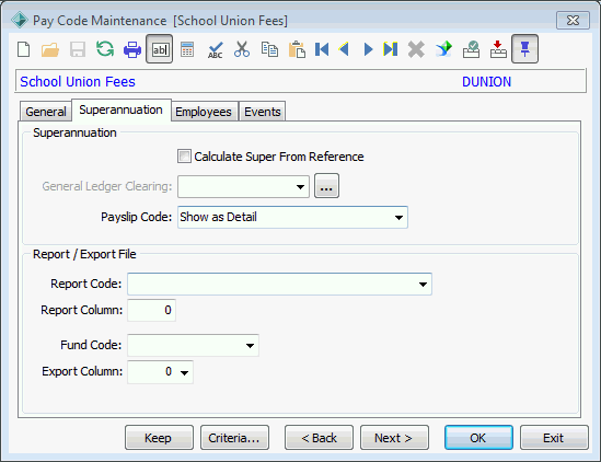 Payroll Code Maintenance - Superannuation tab
