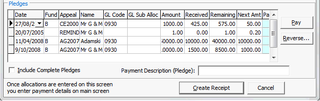 Payment Creation window (cut down, pledges area)