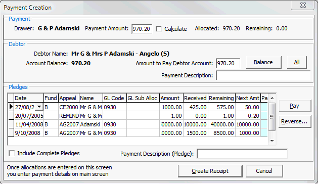 Payment Creation window