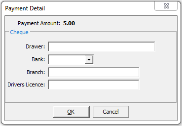 Payment Detail window (Cheque)