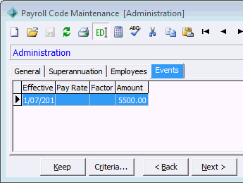 Payroll Code Maintenance - Events tab (cut down)
