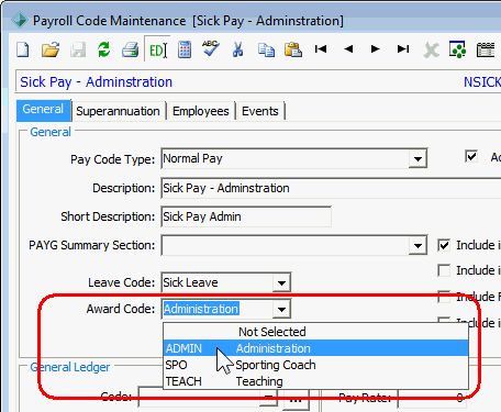 Payroll Code Maintenance - General tab (cut down)