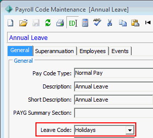 Payroll Code Maintenance - General tab (cut down)