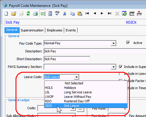 Payroll Code Maintenance - General tab (cut down)