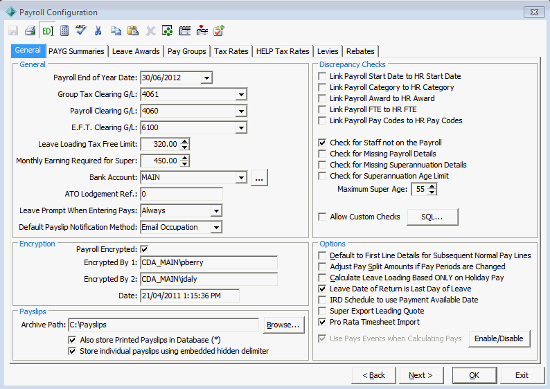 Payroll Configuration - General tab