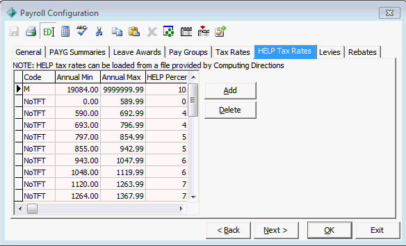 Payroll Configuration - HELP Tax Rates tab