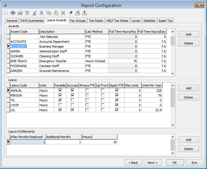 Payroll Configuration - Leave Awards tab