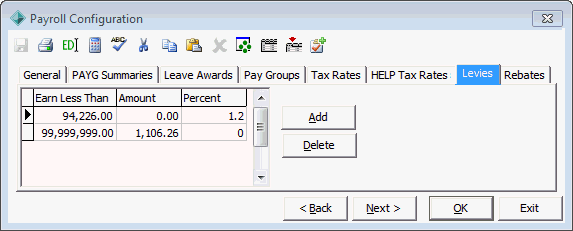Payroll Configuration - Levies tab