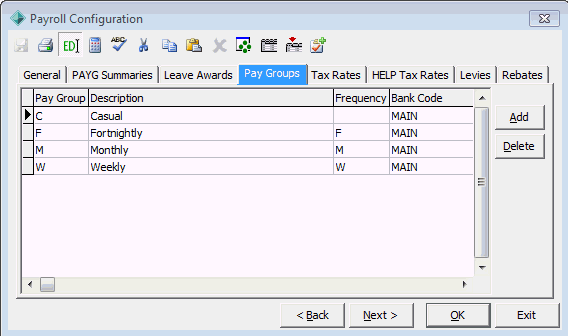 Payroll Configuration - Pay Groups tab