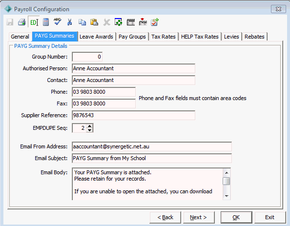 Payroll Configuration - PAYG Summaries tab