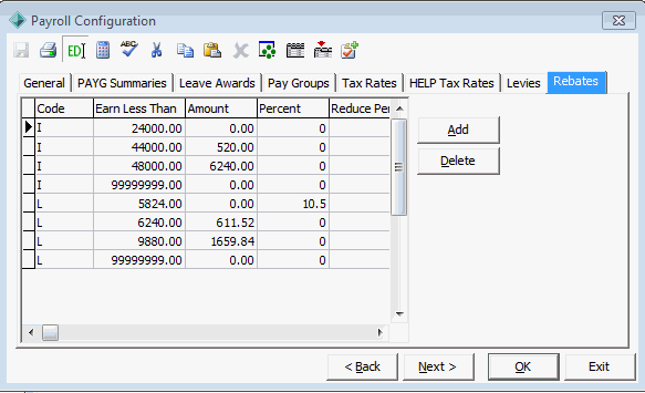 Payroll Configuration - Rebates tab